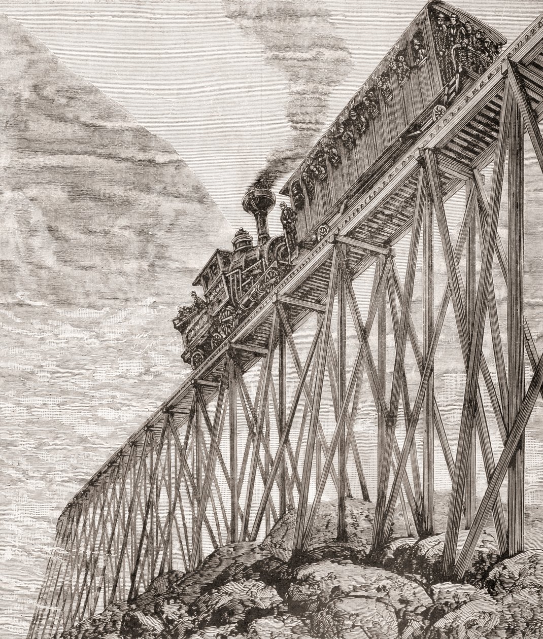 En del af en fire kilometer lang jernbane i New Hampshire, USA, bygget til rekreative ture og for passagerer at nyde panoramaudsigt, ca. 1880, fra 