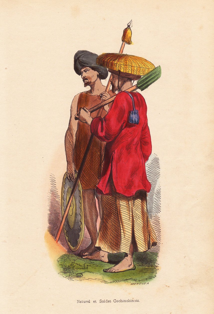 Peasant et soldat Cochinchinois (Vietnam) - Mænd fra Vietnam (Cochinchine): soldat med turban, skjold og spyd, og bonde med stråhat, tunika og skovl - Håndkoloreret træsnit af Mercier fra "Moeurs, Uses et Costumes de tous les Peuples du Monde, As af Unbekannter Künstler