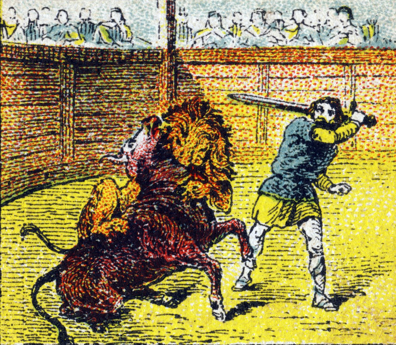 Pepin Le Brief går ned i arenaen for at skyde løven ned, der lige var hoppet på tyrens hals. Indgravering i "Histoire de France". Serie af reklamebilleder udgivet på vegne af Louit, 24 rue d