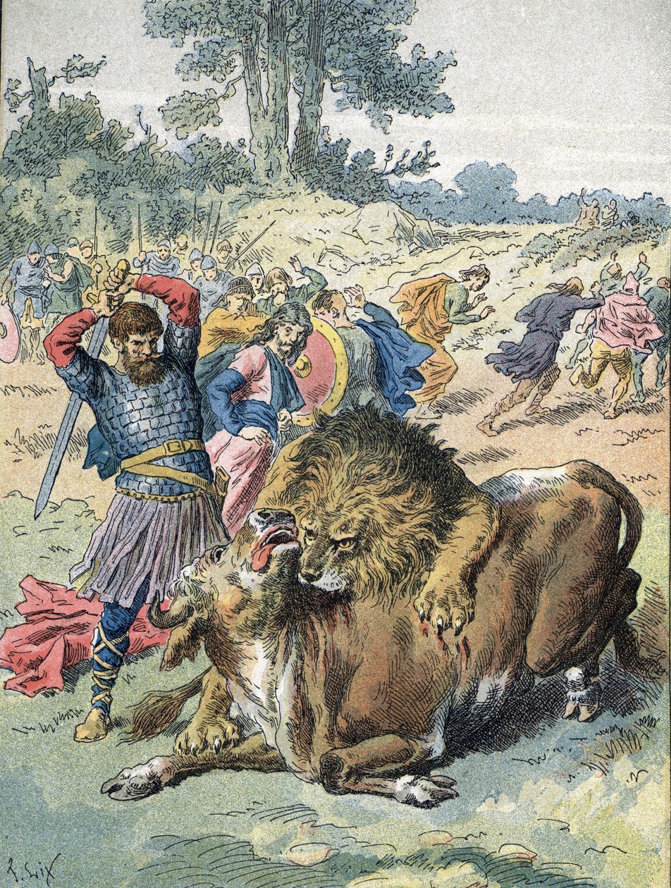 Pepin Briefen kæmper mod en løve og en tyr på Champ de Mars for at bevise sit mod (751) af Unbekannter Künstler