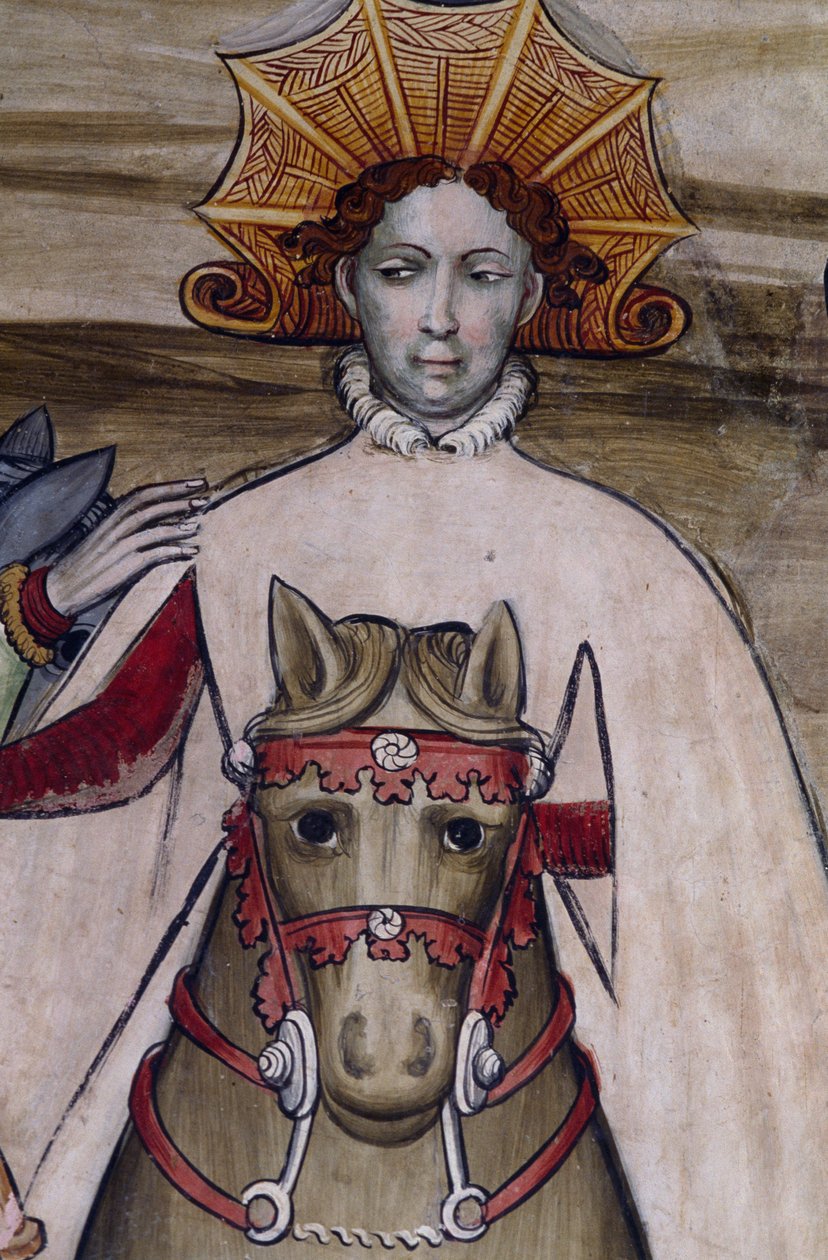 Person til hest, detalje fra fresco i Manta Castle (1400-tallet), Saluzzo, Piemonte, Italien af Benjamin Baud