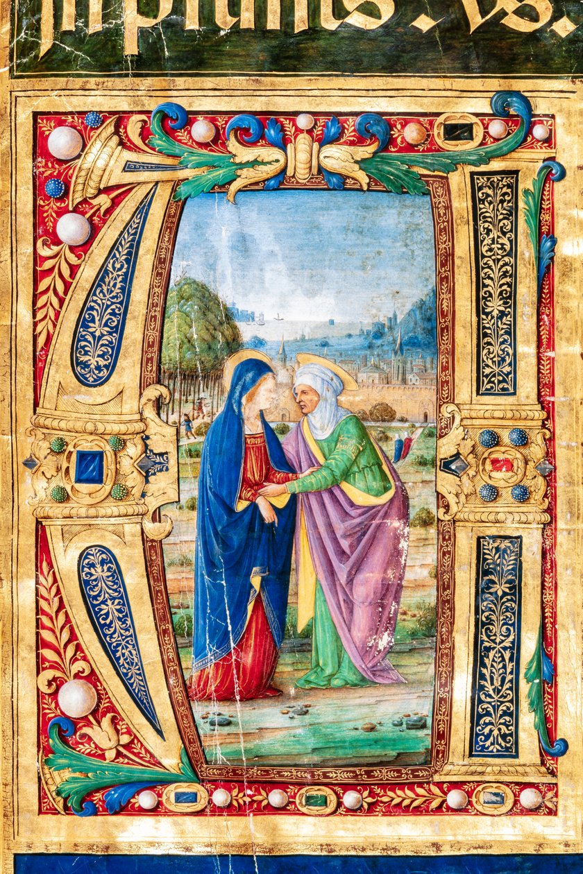 Piccolomini Bibliotek: Korbog, torsk. 14.P., ff. 2r med "The Visitation of Mary and St. Mary". Elizabeth, af Giovanni di Giuliano Boccardi, kendt som Boccardino den Ældre. Detalje. af Unbekannter Künstler