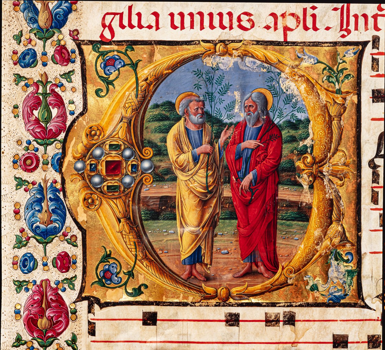 Piccolomini Bibliotek: korbog, torsk. 16.1, ff. 2r med "To apostle", af Girolamo da Cremona. Detalje. af Unbekannter Künstler