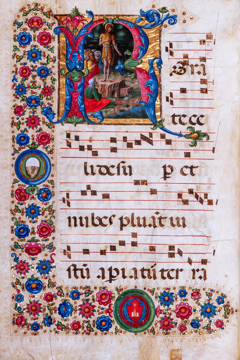 Piccolomini Bibliotek: korbog, torsk. 18.3, ff. 45v med "Forkyndelse af Johannes Døberen", af Girolamo da Cremona. af Unbekannter Künstler