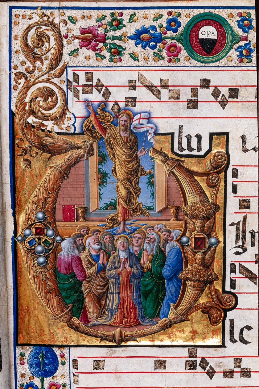 Piccolomini Bibliotek: korbog, torsk. 23.8, ff. 66r med "The Ascension of Christ", af Girolamo da Cremona. Detalje. af Unbekannter Künstler
