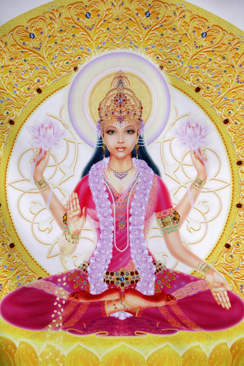 Billede, der viser Lakshmi, rigdommens gudinde og konsort af Lord Vishnu, der sidder og holder lotusblomster af Unbekannt