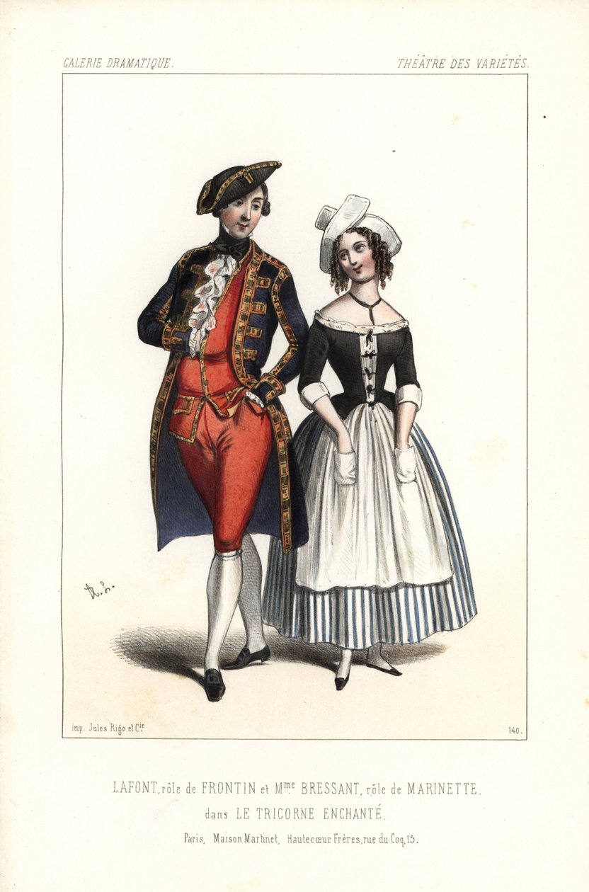 Pierre-Cheri Lafont i rollen som Frontin og Madame Bressant eller Augustine Dupont som Marinette i Theophile Gautiers Le Tricorne Enchante, Theatre des Varietes af Unbekannter Künstler