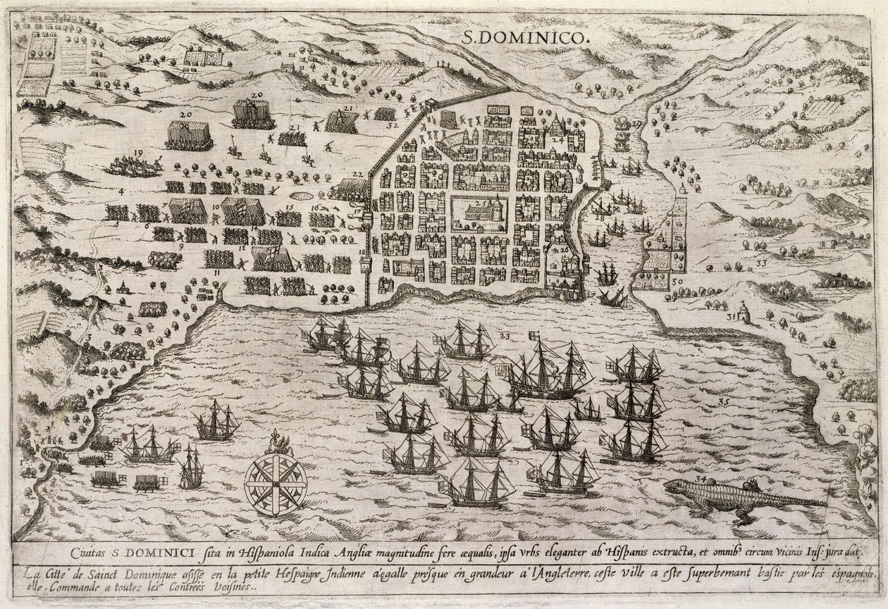 Plan for Drakes angreb på Santo Domingo, ca. 1595 (gravering) af Unbekannter Künstler