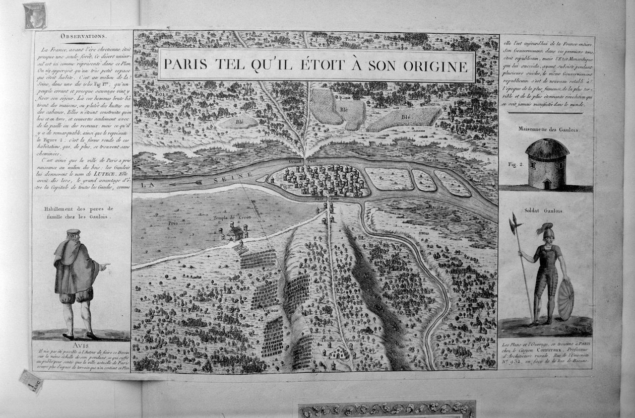 Plan over Paris på gallernes tid: "Paris, som det var ved sin oprindelse" (Lutece) - gravering. af Unbekannt