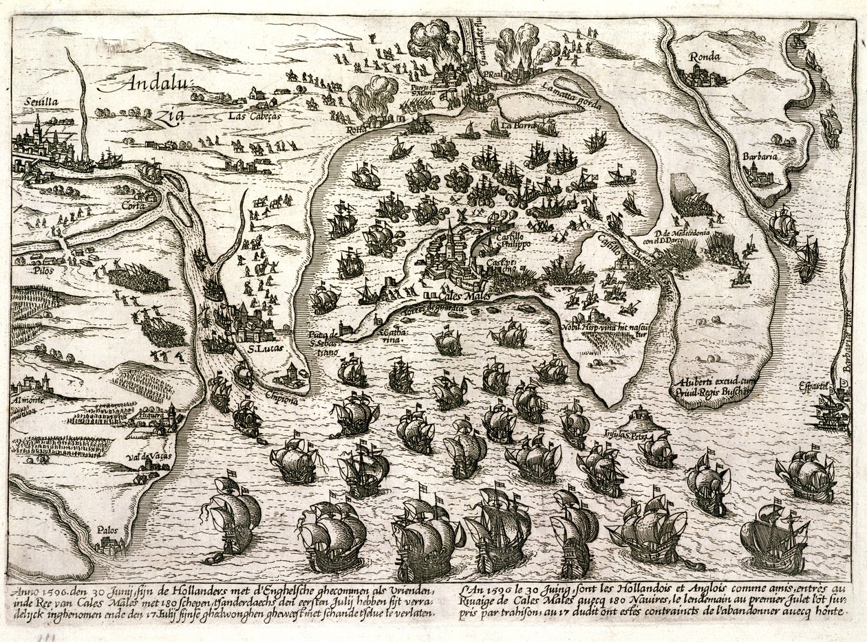 Plan over havnen i Cadiz i 1596 på tidspunktet for angrebet af Sir Walter Raleigh (gravering) af Unbekannter Künstler