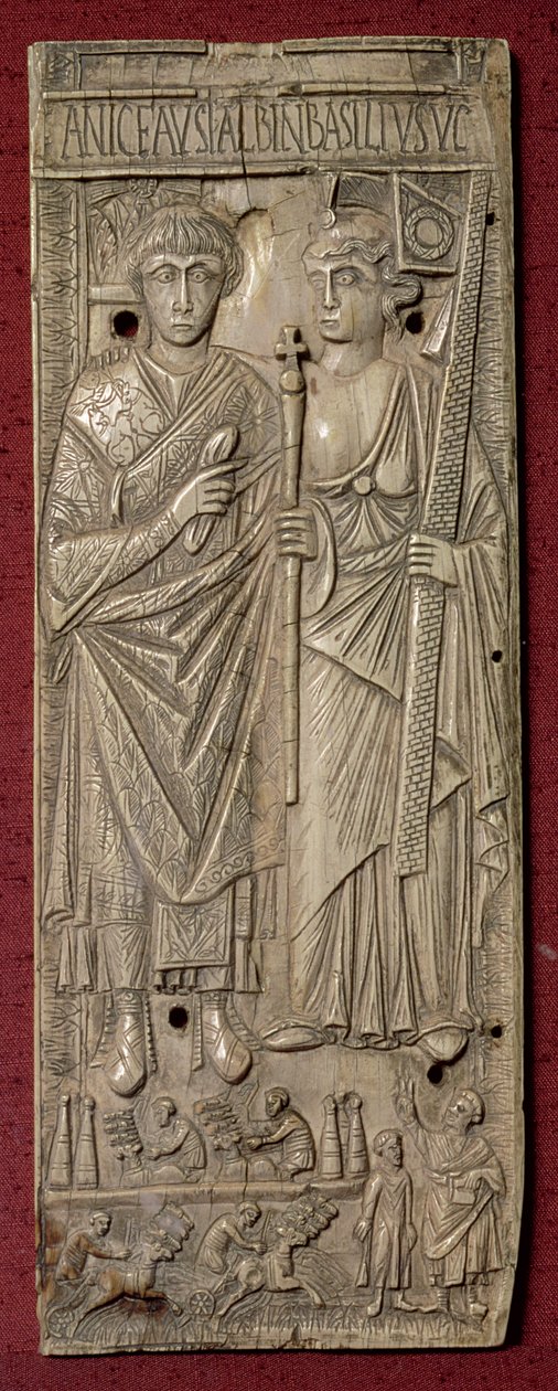 Tavle forestillende Basiliscus, Østens kejser (d.478) med et vognløb nedenunder, romersk, 480 e.Kr. (elfenben) af Unbekannt