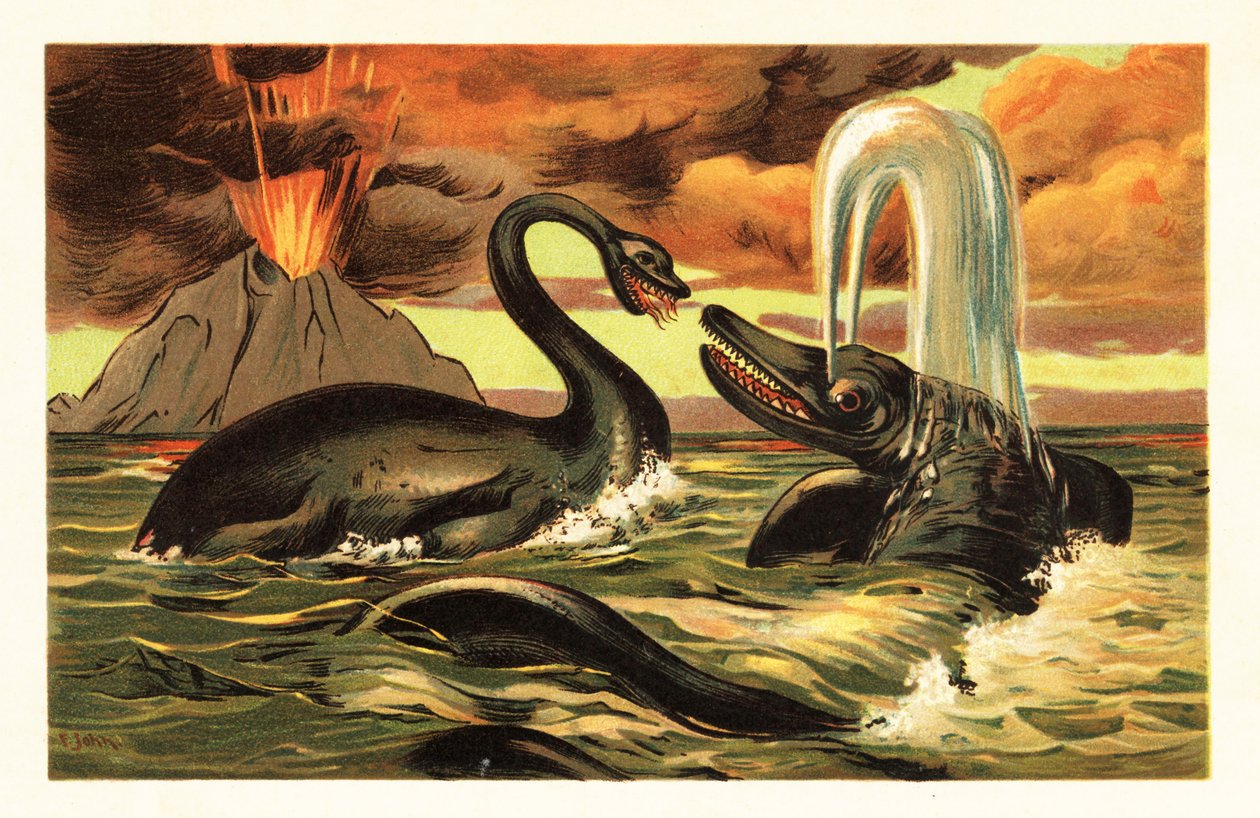 Plesiosaurus og Ichthyosaurus kæmper foran et udbrud i 1908 (litografi) af Unbekannter Künstler