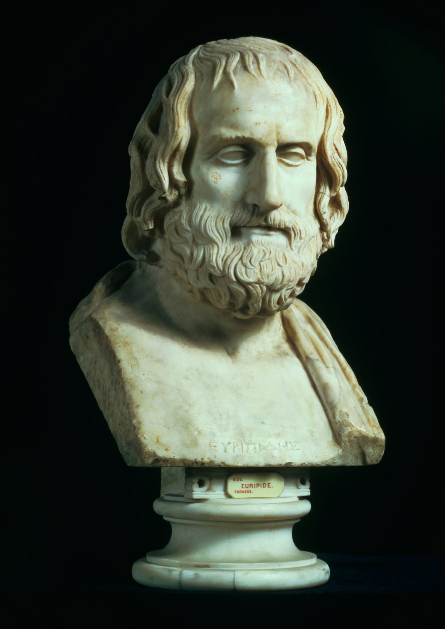 Portrætbuste af Euripides (ca. 480-406 f.Kr.), kopi af græsk original fra slutningen af det 4. århundrede f.Kr. (marmor) af Unbekannt