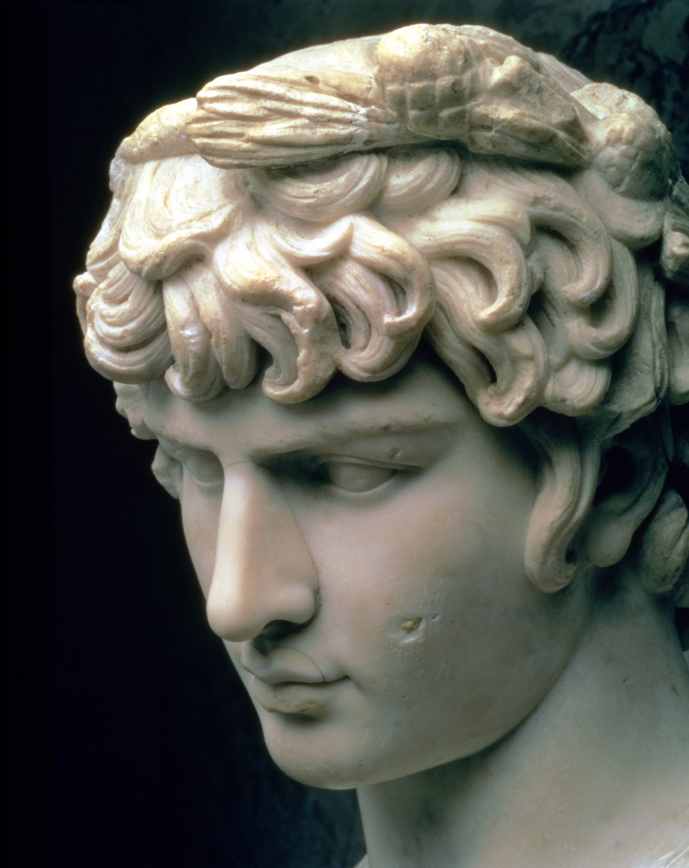 Portræt af hovedet af Antinous iført Dionysos krans, en del af en statue fra kejser Hadrians villa i Tivoli, romersk, 2. århundrede (marmor) af Unbekannt