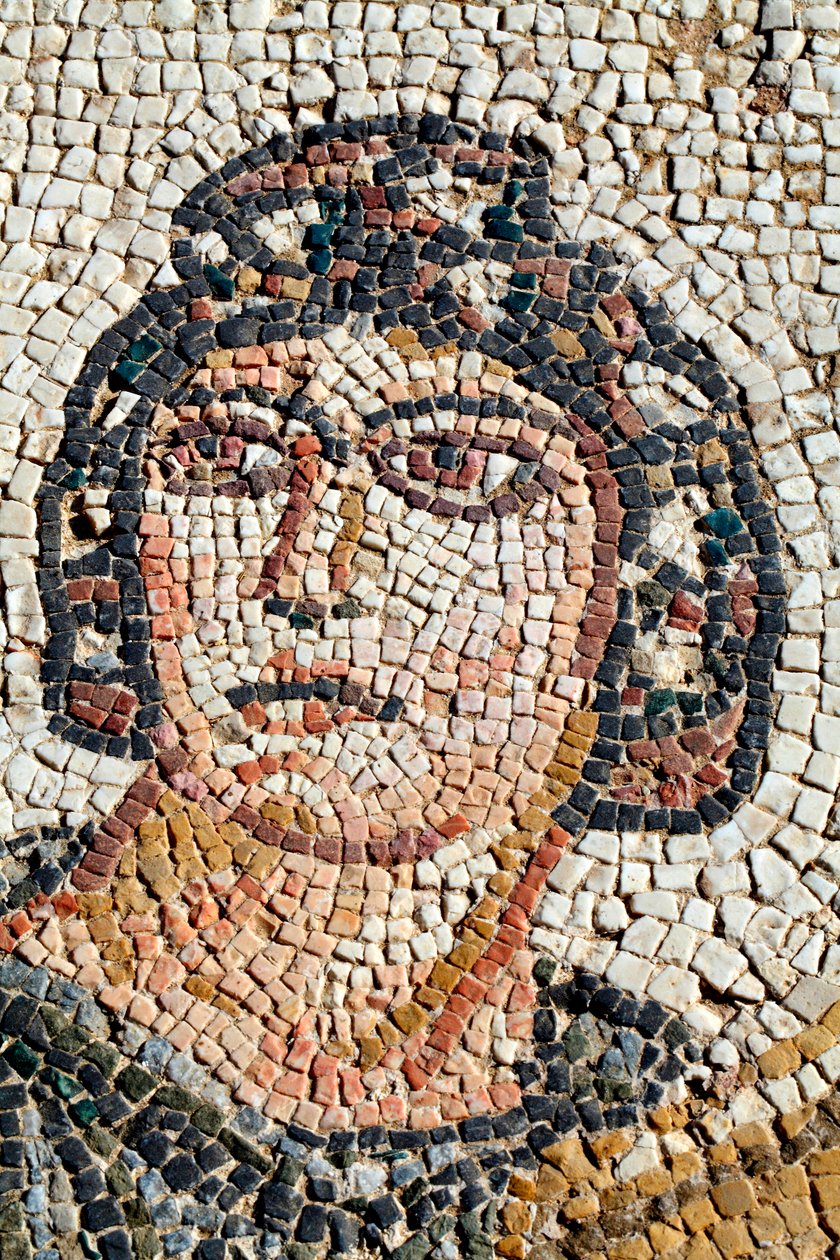 Portræt af Ambrosia - Symbol for gudernes mad og udødelighed - Detalje fra panelet, der repræsenterer det første bad af akilles - Paphos Mosaics, Villa of Theseus, 5. århundrede e.Kr. - Cypern - Portræt af Ambrosia, symbol på gudernes mad og immotalite af Unbekannt