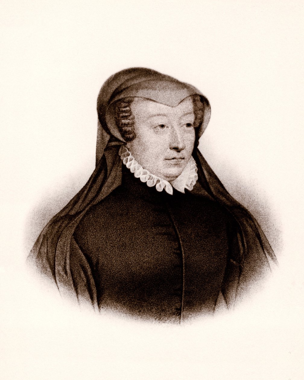 Portræt af Catherine de Medicis (Caterina de Medici) (1519-1589). Dronning af Frankrig, kobberstik fra det 19. århundrede af Unbekannter Künstler
