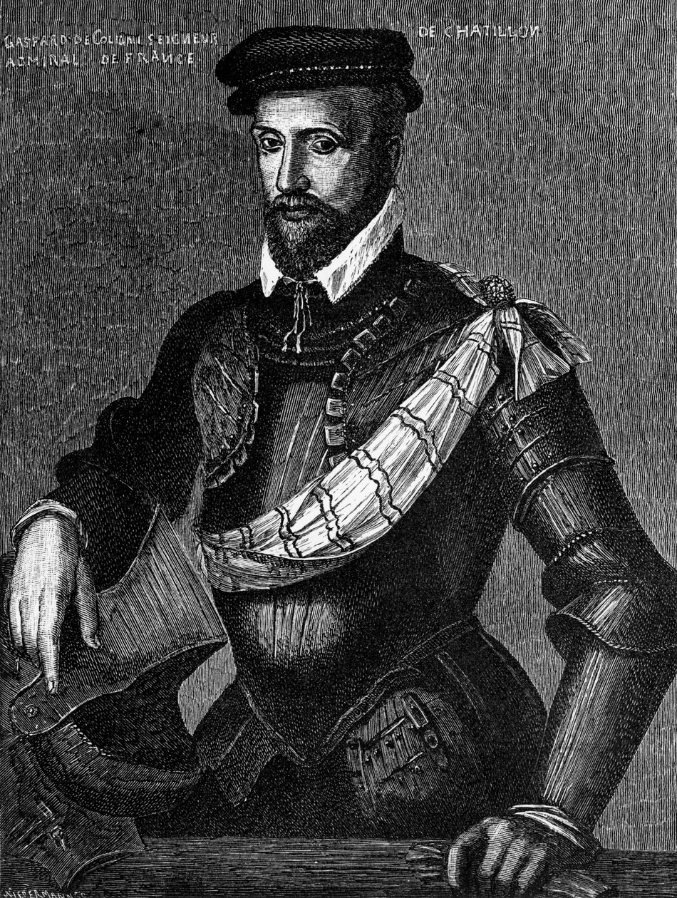 Portræt af Gaspard de Coligny, Seigneur de Chatillon (1519-1572), fransk adelsmand, admiral og huguenotleder i franske religionskrige, gravering af William M. Timlin