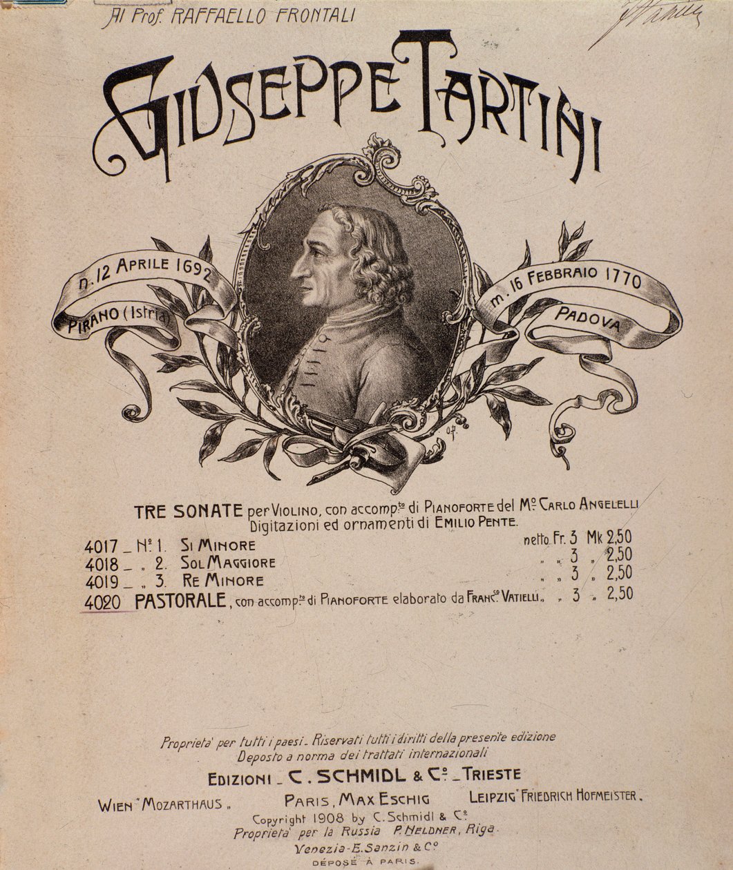 Portræt af Giuseppe Tartini. Frontispice af musikpartitur af Sonatas af Unbekannter Künstler