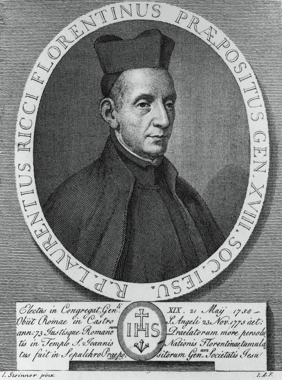 Portræt af Lorenzo Ricci (1703-1775), italiensk jesuit og 18. overordnede over Jesu samfund, gravering af William M. Timlin