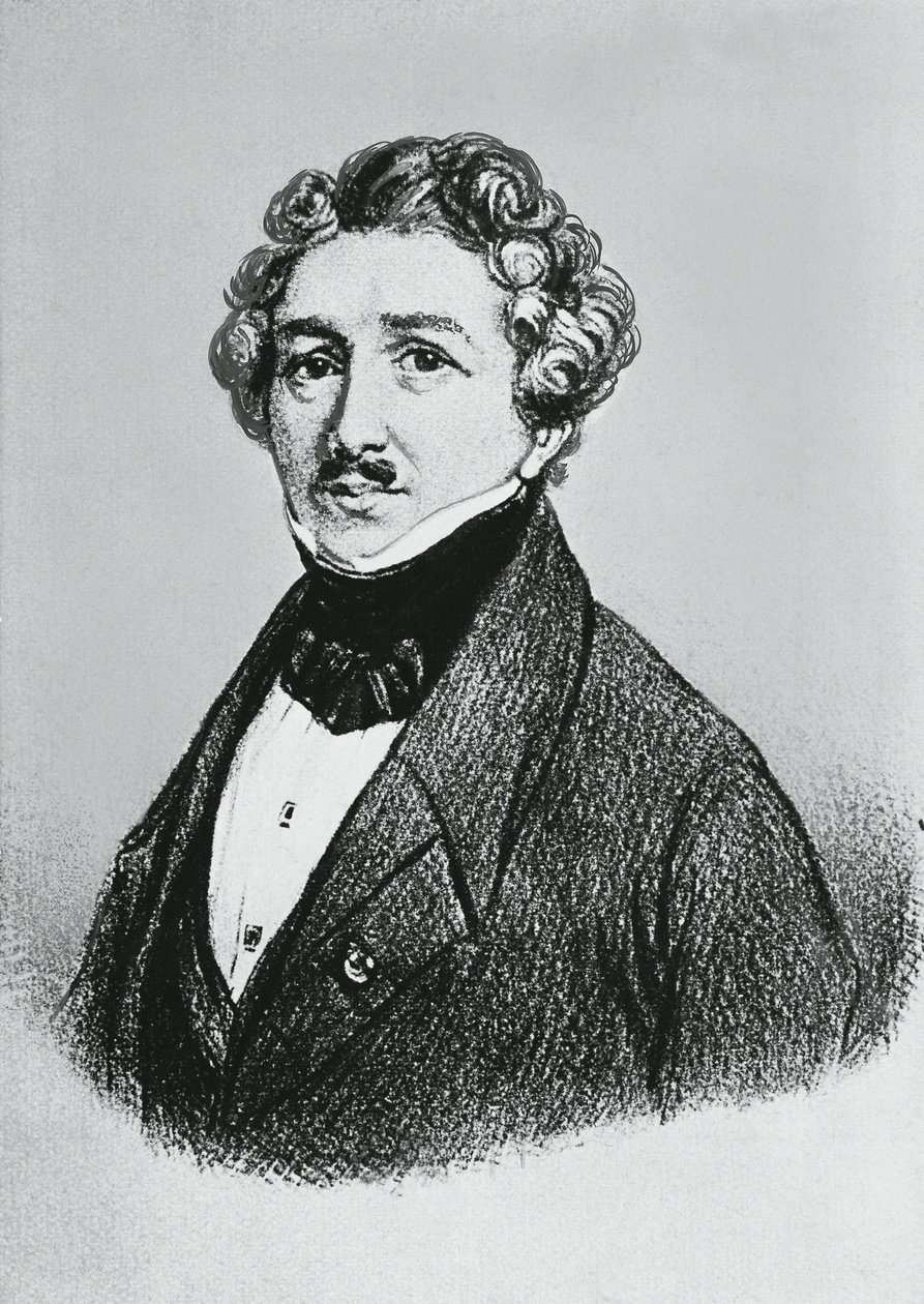 Portræt af Louis-Jacques-Mande Daguerre (1787-1851), fransk kunstner, fysiker og kemiker, anerkendt for sin opfindelse af fotoprocessen daguerreotypi af William M. Timlin