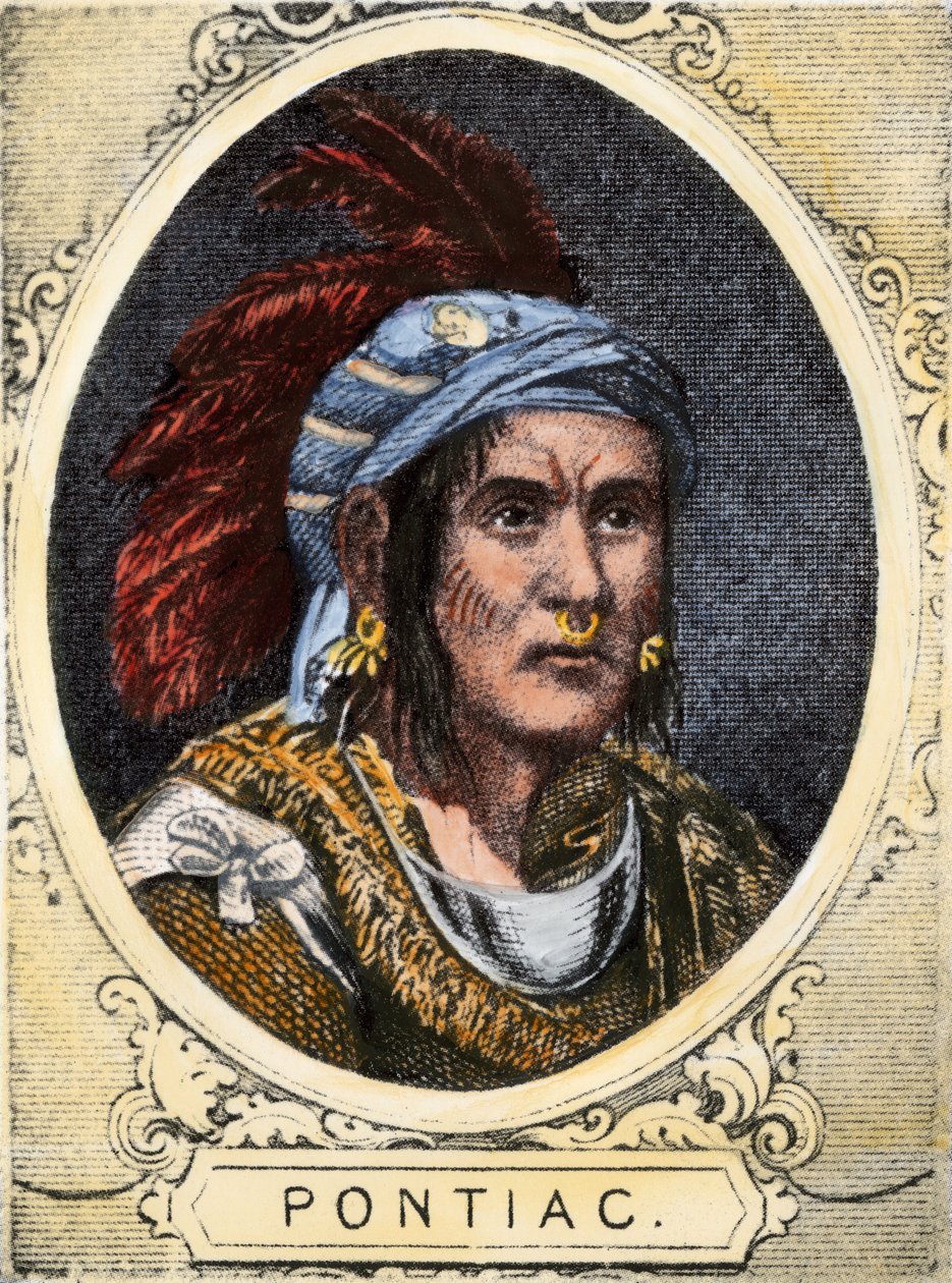 Portræt af Pontiac (eller Obwandiyag, ca. 1714-1769), høvding for Outaouais-indianernes stamme i Detroit (Ottawa Nation). Farvestik fra det 19. århundrede. af Unbekannter Künstler