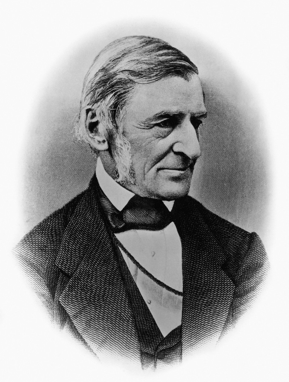 Portræt af Ralph Waldo Emerson (1803-1882), amerikansk filosof, digter, forfatter, essayist og en af grundlæggerne af den transcendentalistiske bevægelse, gravering efter fotografi af William M. Timlin