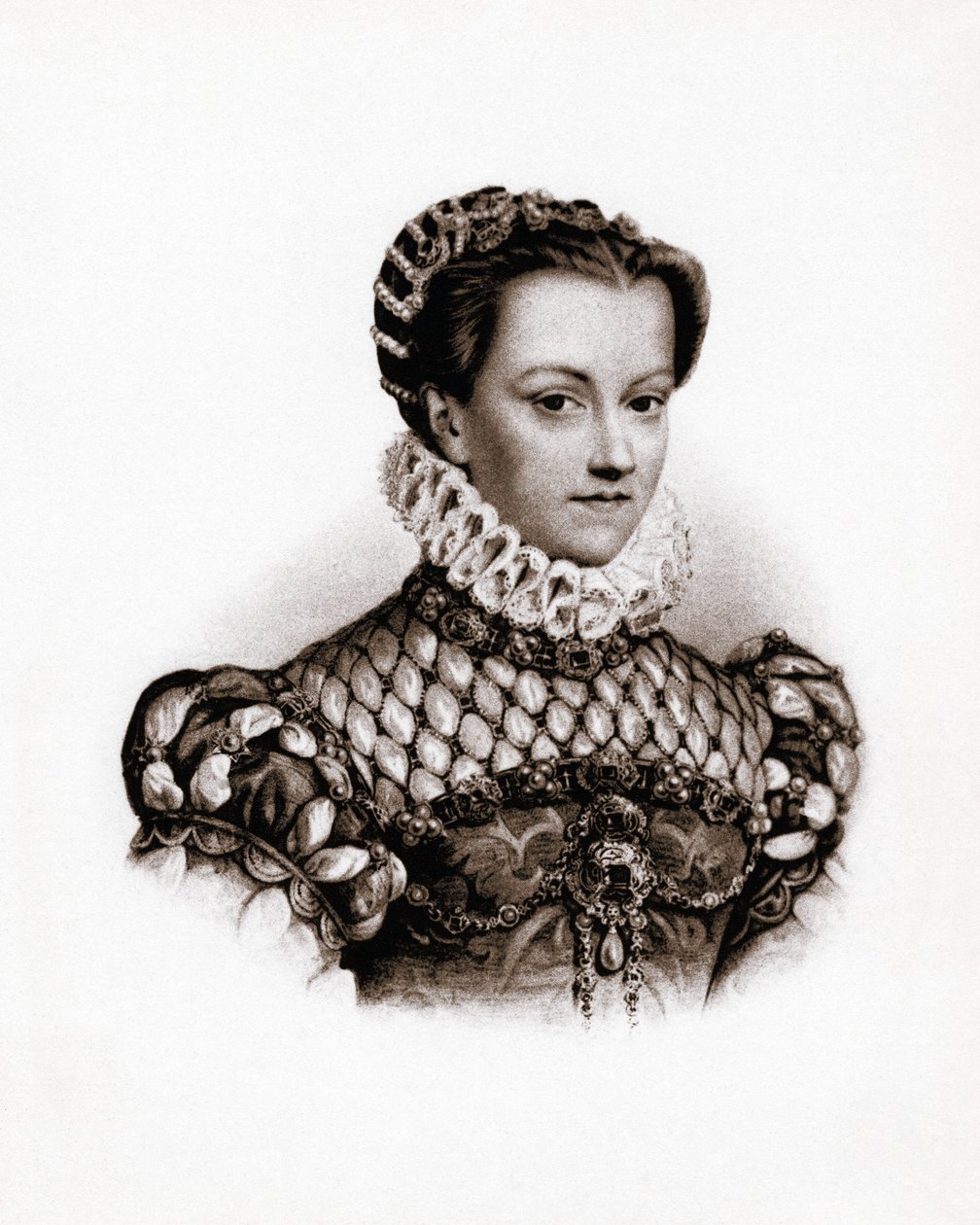 Portræt af den franske dronning Elisabeth af Østrig (1555-1592) Kobberstik fra det 19. århundrede af Unbekannter Künstler