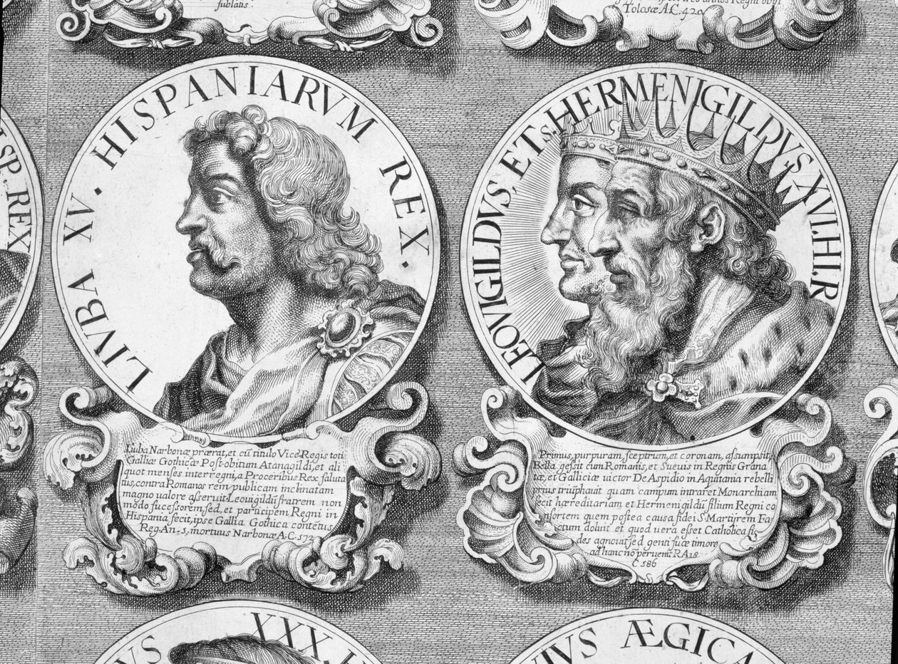 Portrætter af Liuva I, Liuvigild og Hermenegild (litho) af Unbekannt