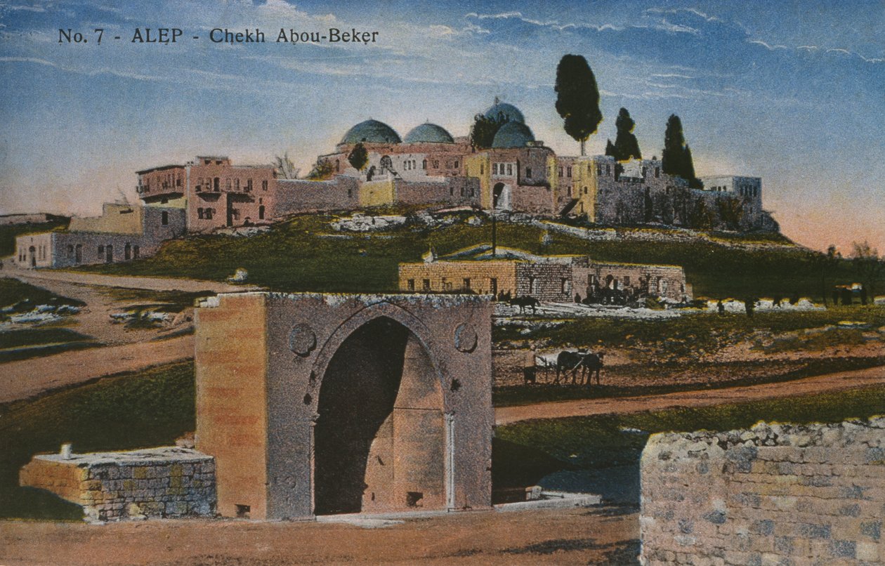 Postkort, der forestiller Shaykh Abu Bakr-moskeen i Aleppo, Syrien, ca. 1920 (fotolitho i farve) af Unbekannt