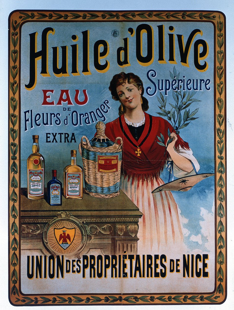 Plakat med reklame for olivenolie fremstillet i Nice, Frankrig af Unbekannter Künstler