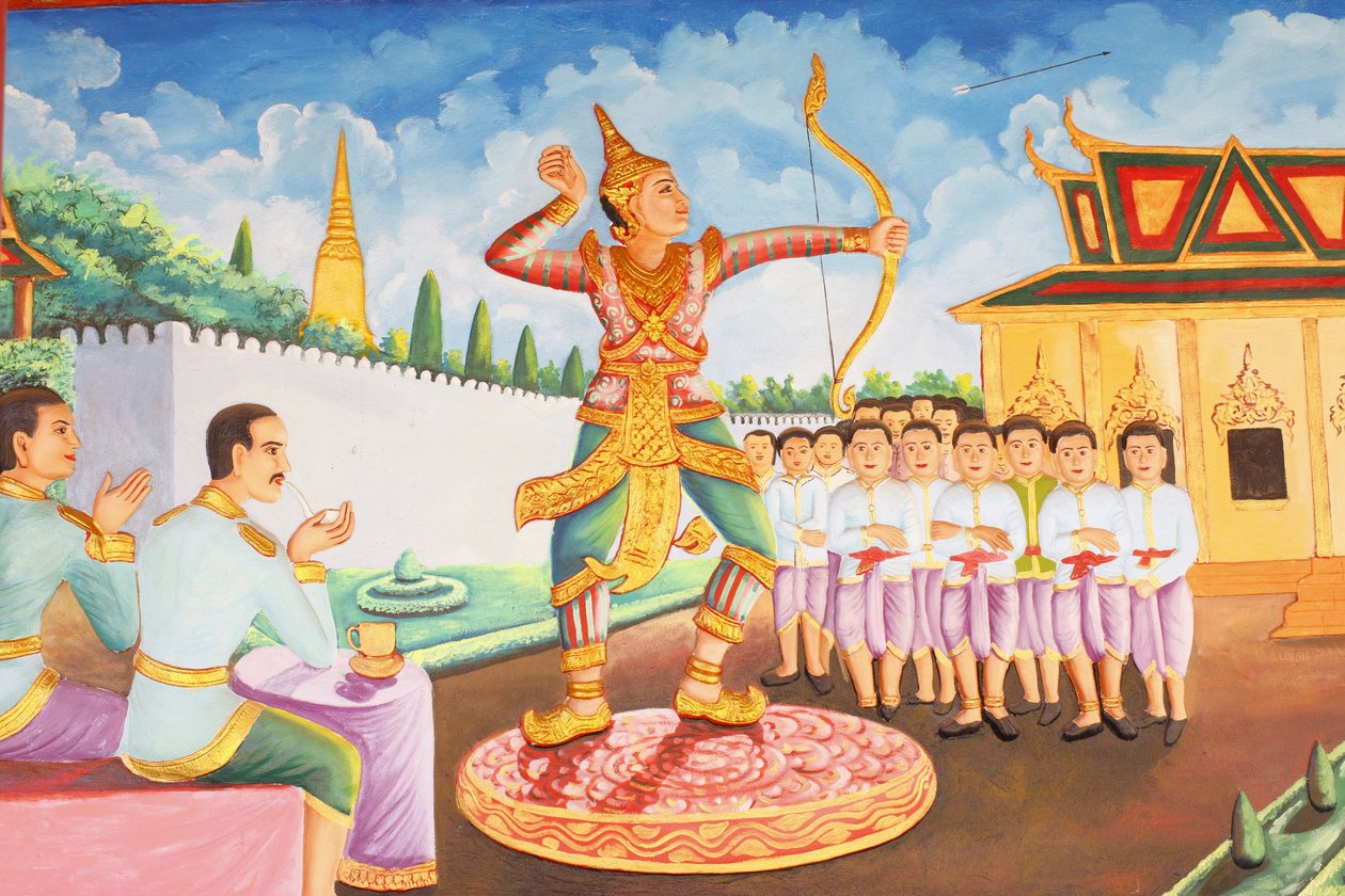 Preah Prom Rath MonasteryLife of the BuddhaPrins Siddhartha Gautama blev en mester i sværdspil, brydning og bueskydning, Siem Reap, Cambodia af Unbekannt