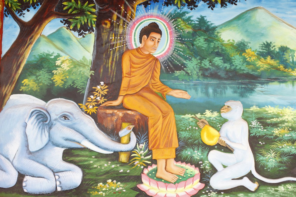Preah Prom Rath MonasteryLife of the BuddhaSiddhartha Gautama med den hengivne elefant og abe, Siem Reap, Cambodia af Unbekannt