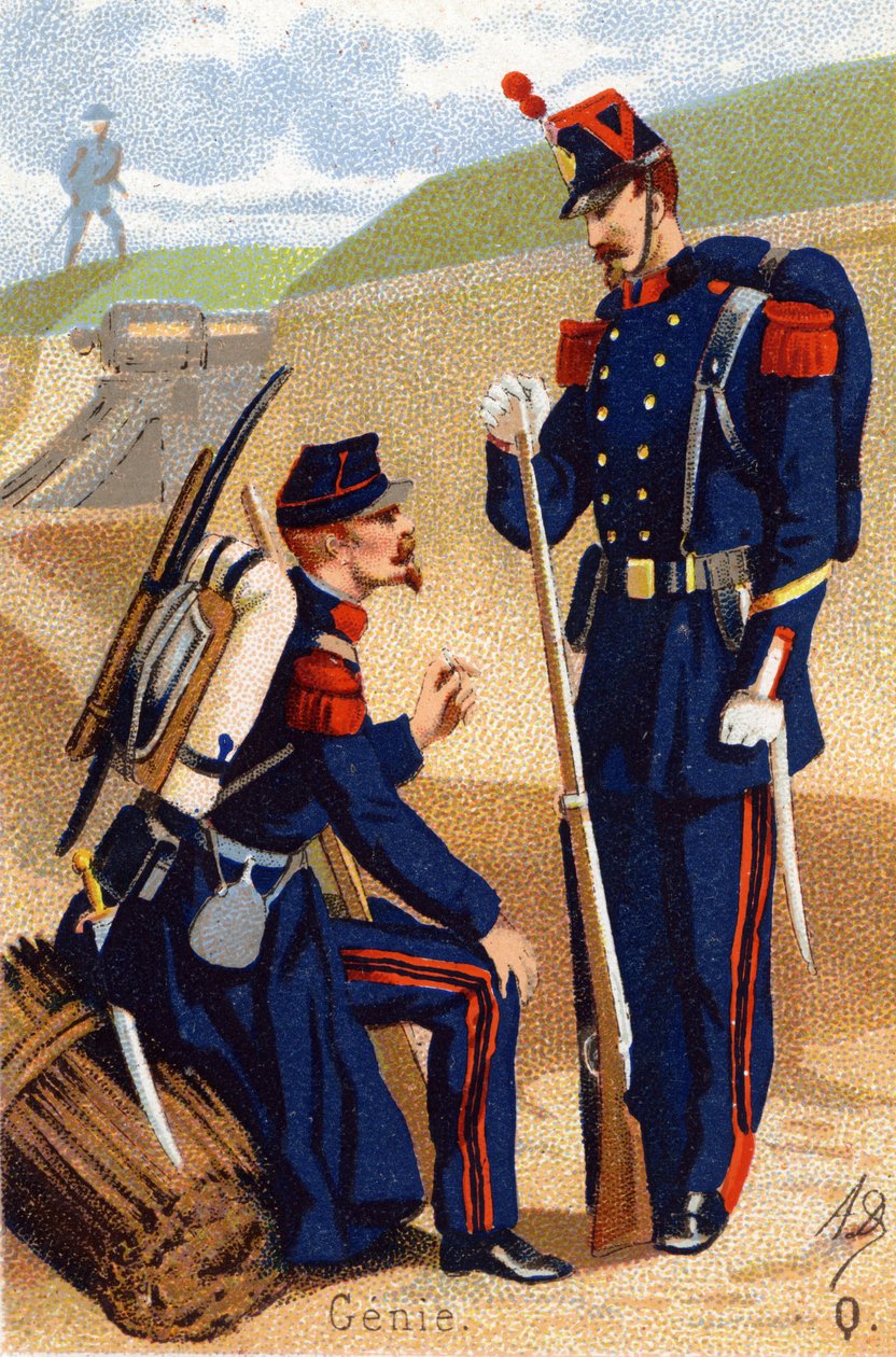 Q: Genie. Indgravering i "Militæralfabet". Illustratorens initialer: A. D. Ukendt forlag. Kromolitografier sidst i det 19. århundrede. Mål: 10,5 x 7 cm. af Unbekannt
