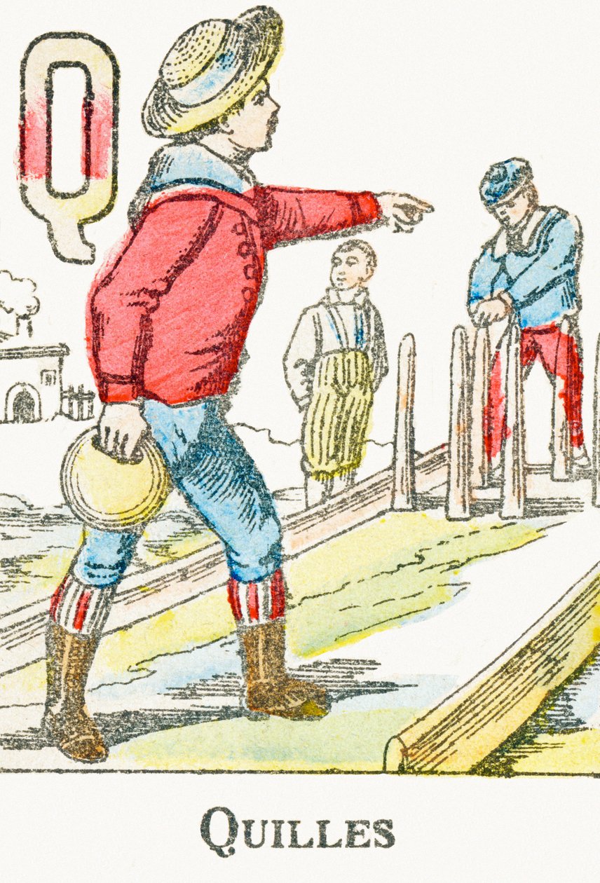 Q: Keglespil - Indgravering fra "Alphabet des jeux", omkring 1890 af Unbekannt