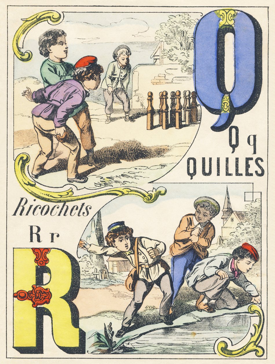 Q R: kegler, rikochetter - Spilalfabet, ca. 1890 (illustration) af Unbekannt