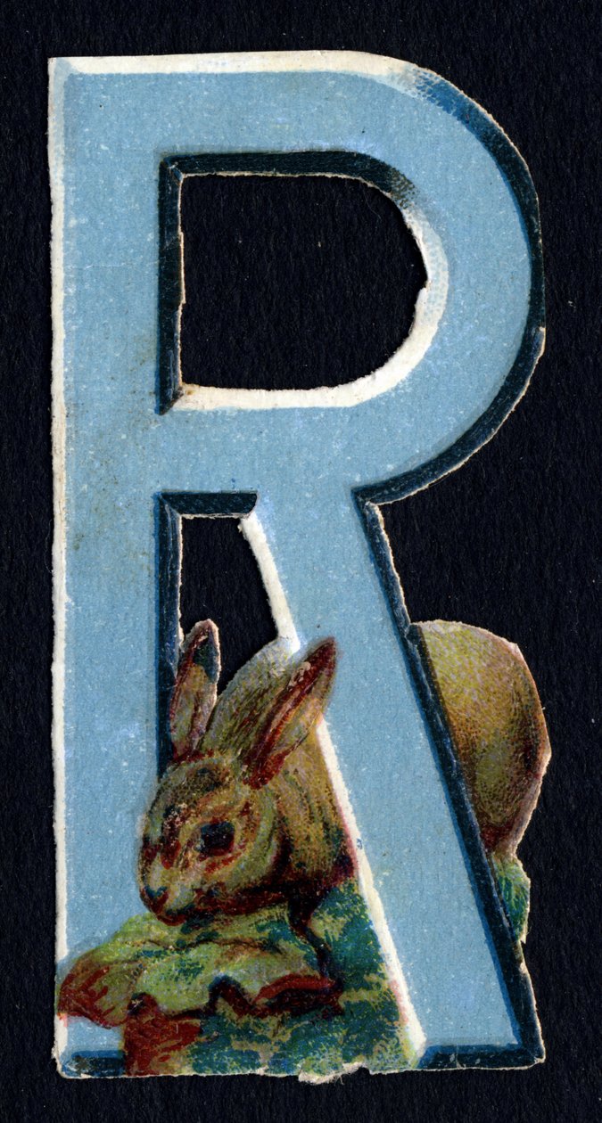 R som kanin. Beetle decoupis med temaet dyr. Gravering. Serie af 26 vaffelkromolitografier af engelsk oprindelse. Redaktør og illustrator ukendt. Slutningen af det 19. århundrede. Mål: 5,5 x 3,5 cm af Unbekannt