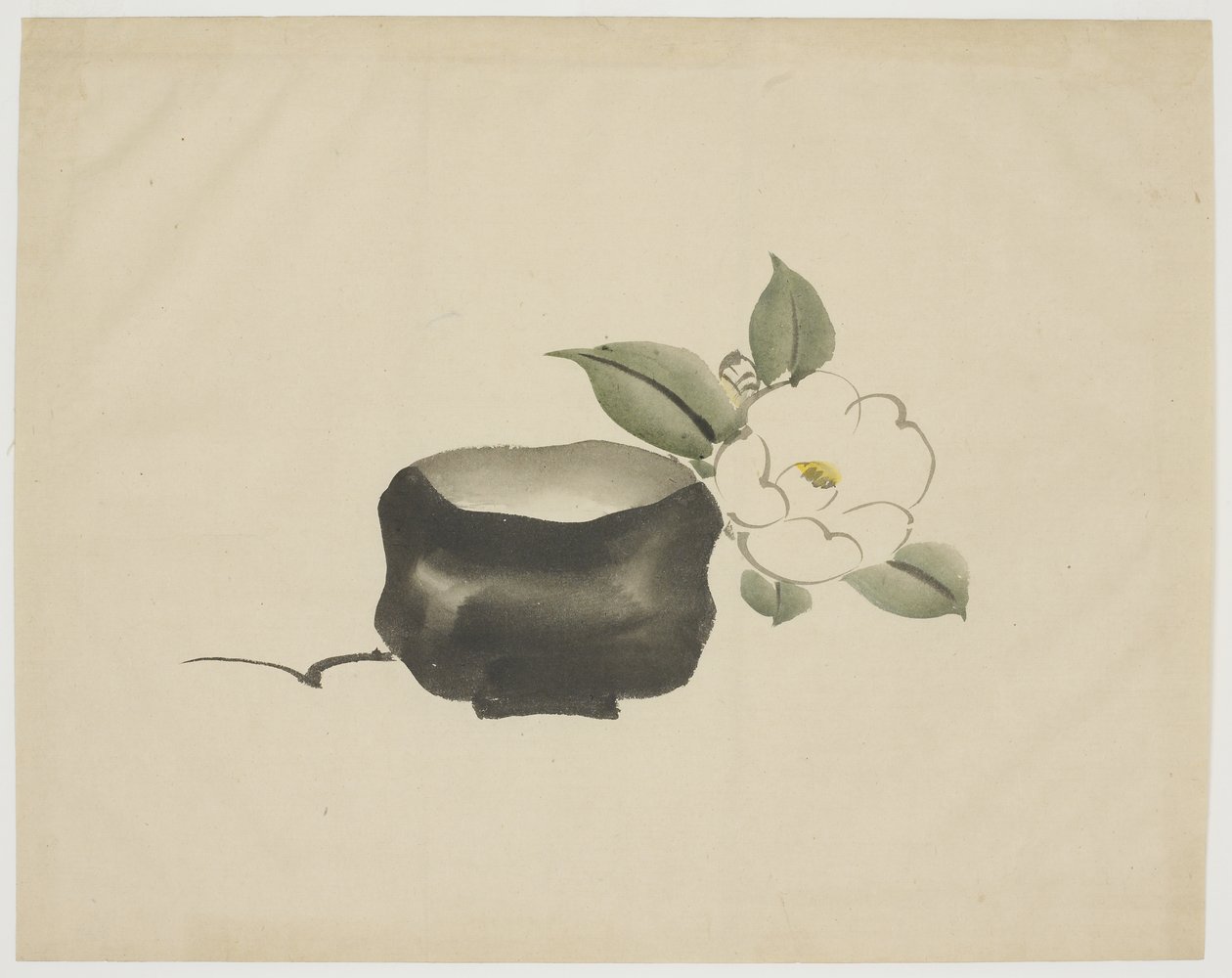 Raku Tea Bowl and White Camelliadani af Unbekannt