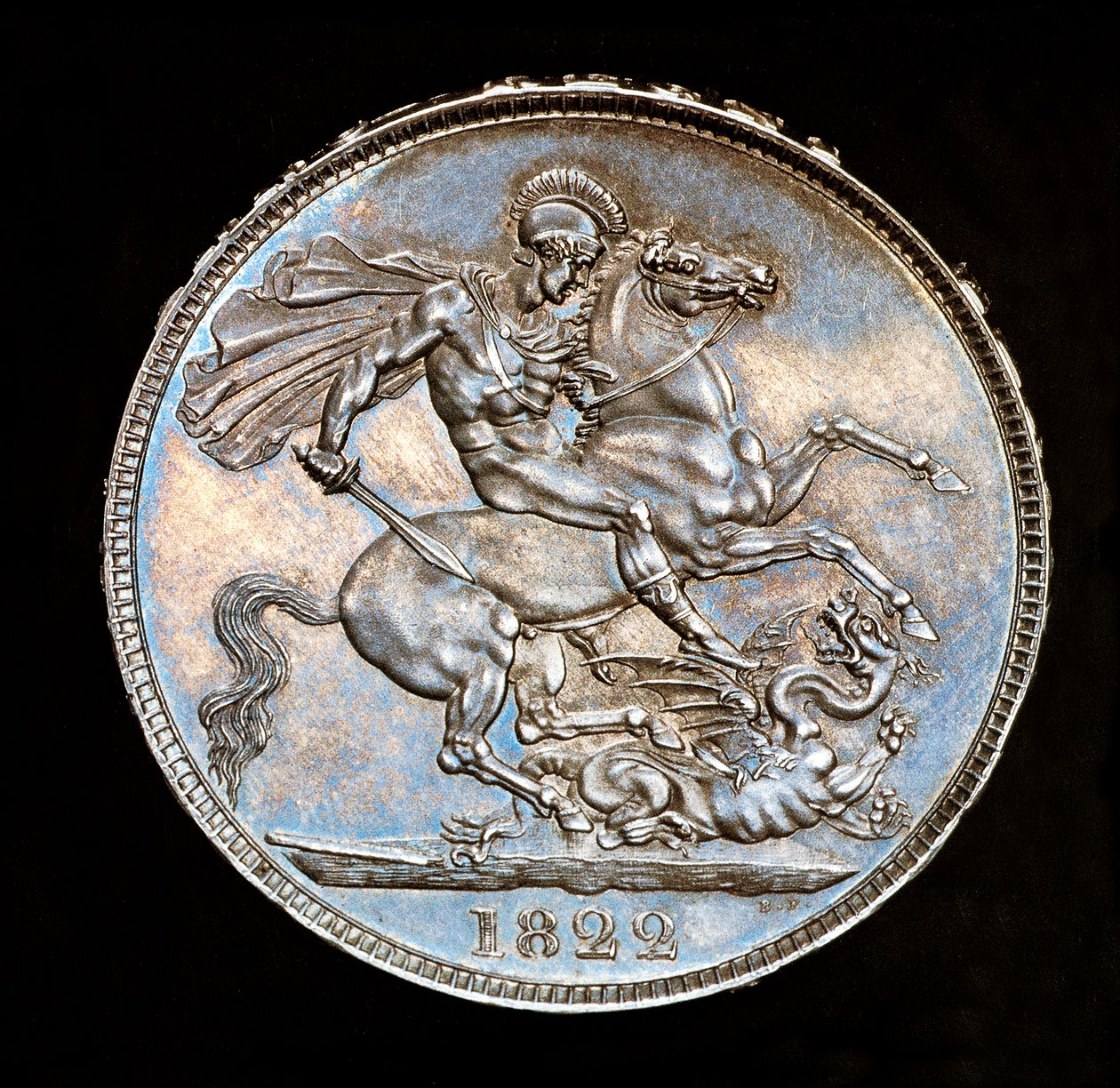 Sjælden britisk mønt, Kong George IV, Proof Silver Crown, Englands skytshelgen til hest med sværd i færd med at dræbe dragen, stemplet af Bernedetto Pistrucci af Unbekannter Künstler