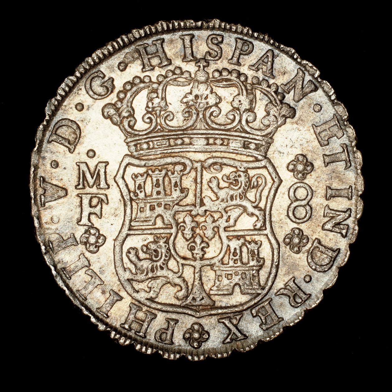 Sjælden sølvmønt, Spansk Amerika Kong Ferdinand VI, 8 Reale, kronet skjold med spanske våben 1740 (foto) af Unbekannter Künstler