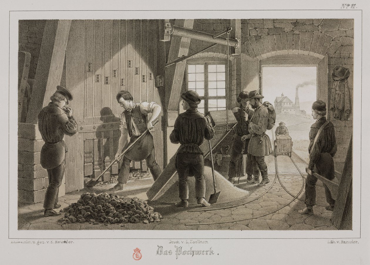 Råmaterialeforarbejdning, metallurgi, der banker i malmen, Tyskland, c 1851 af Unbekannt