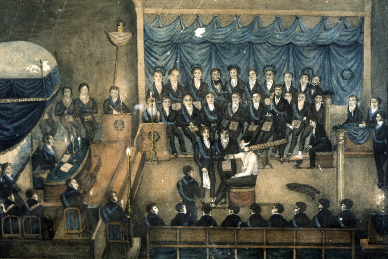 Modtagelse af en murer i en loge, ca. 1820 (akvarel) af Unbekannter Künstler