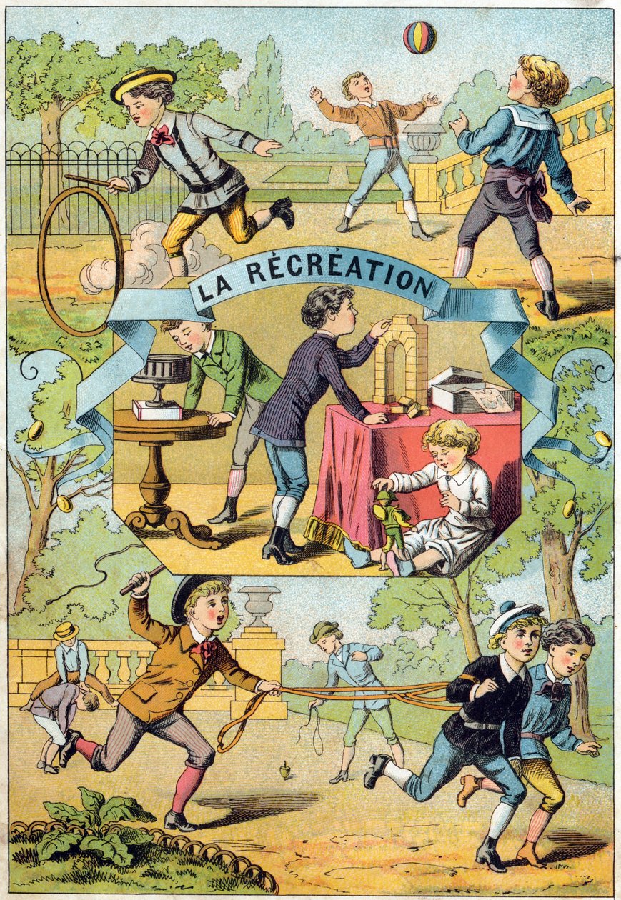 Fritid i skolegården. Indgravering i "Alphabet des petits ecoliers". Billeddannelse af Epinal, ca. 1885. Privee Collection af Unbekannt