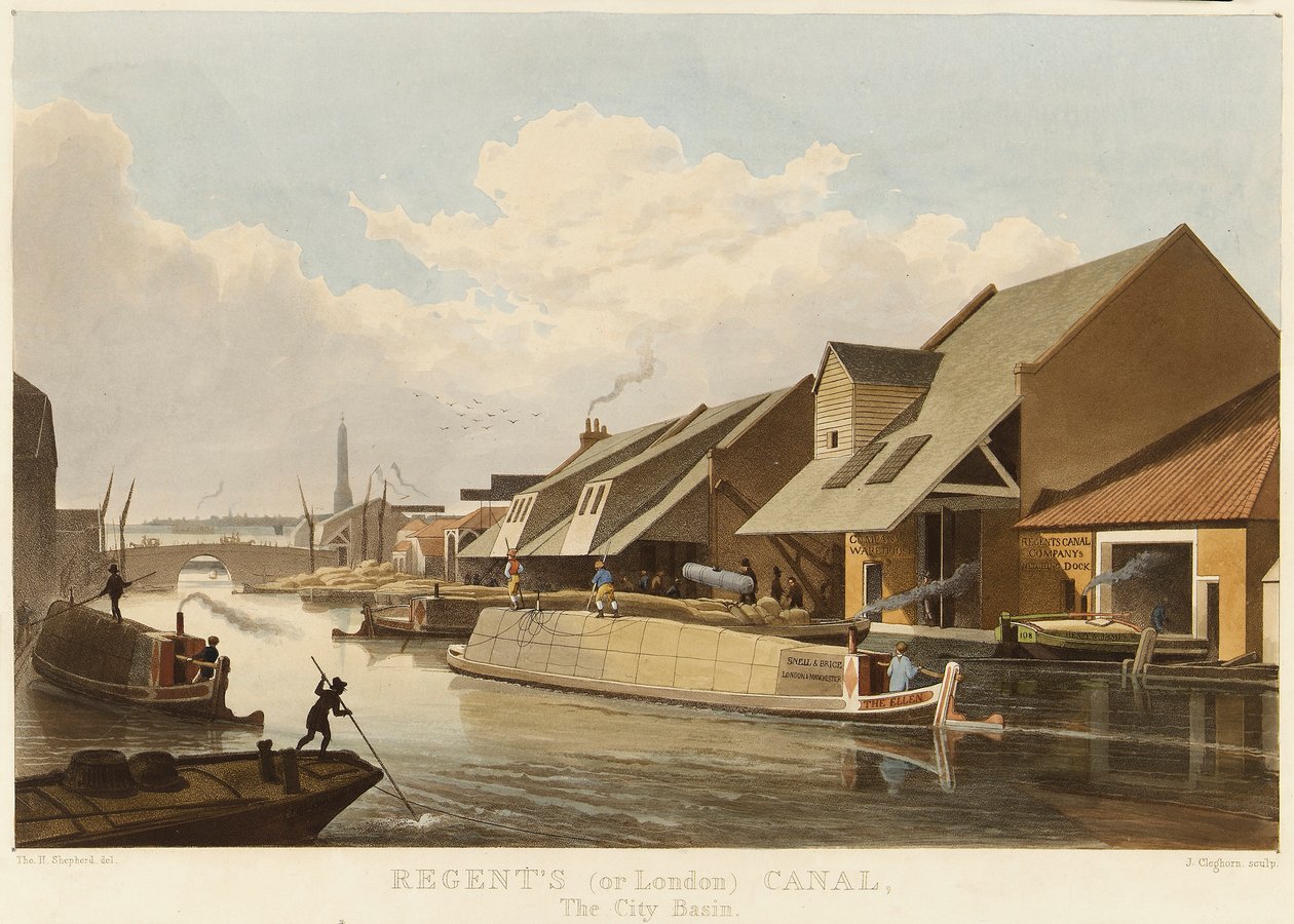 Regent Canal (eller London Canal) (England) og Islington City Basin, det vigtigste trafikcenter på kanalen, beskrevet med pakhuse og lastekajer til varer af Unbekannter Künstler