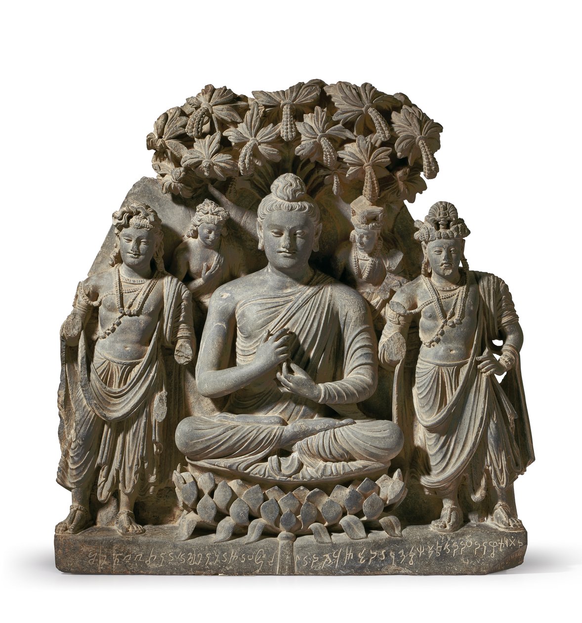 Relieftriade af Buddha Shakyamuni med Bodhisattvaer, 3.-4. århundrede (grå skifer) af Unbekannter Künstler