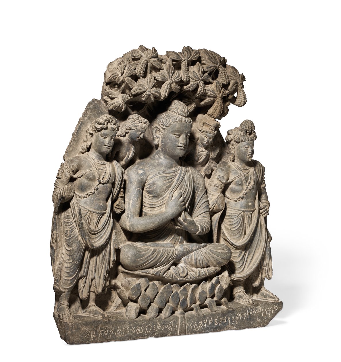 Relieftriade af Buddha Shakyamuni med Bodhisattvaer, 3.-4. århundrede (grå skifer) af Unbekannter Künstler