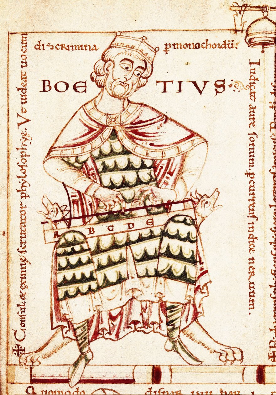 Repræsentation af den latinske filosof Boece (Anicius Manlius Severinus Boetius eller Boethius) (480-524) med et musikinstrument (musikstudie). Miniature fra et Canterbury-manuskript. af Unbekannt