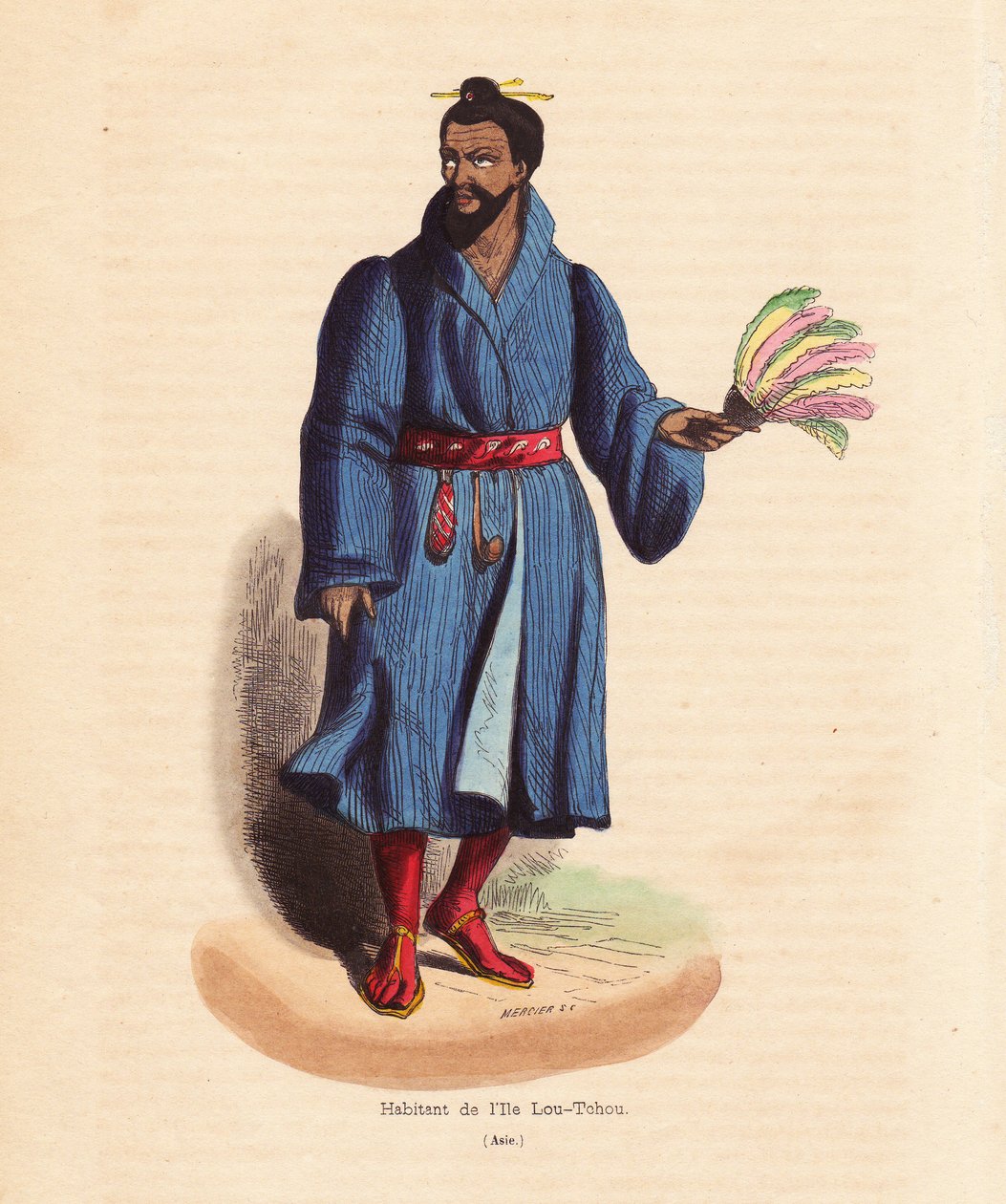 Beboer på øerne Ryu Kyu (Okinawa, Japan) - Mand fra Lou-Tchou-øerne (RyukYu-øerne eller det moderne Okinawa) - Håndkoloreret træsnit af Mercier fra "Habits, Uses et Costumes de tous les Peuples du Monde, Asie," af Auguste Wahlen, pseudonym for Jean af Unbekannter Künstler