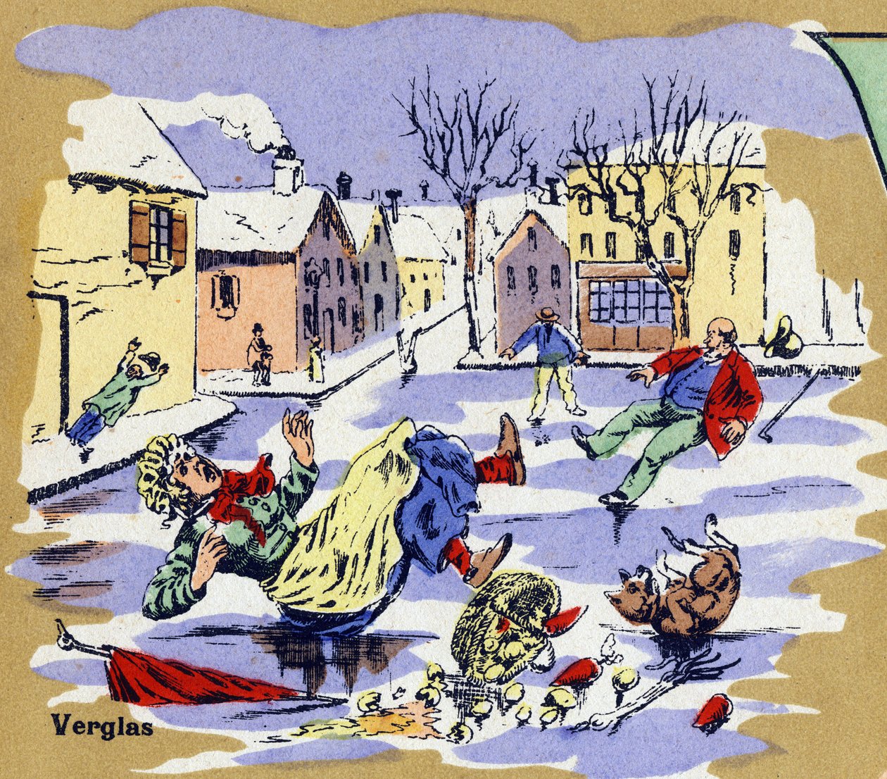 Beboere i en landsby glider på is om vinteren. Illustreret alfabet. Billeder genforenet i Jarville-Nancy, begyndelsen af det 20. århundrede. Mål: 40 x 29 cm. Litografi på bistre baggrund af Unbekannt