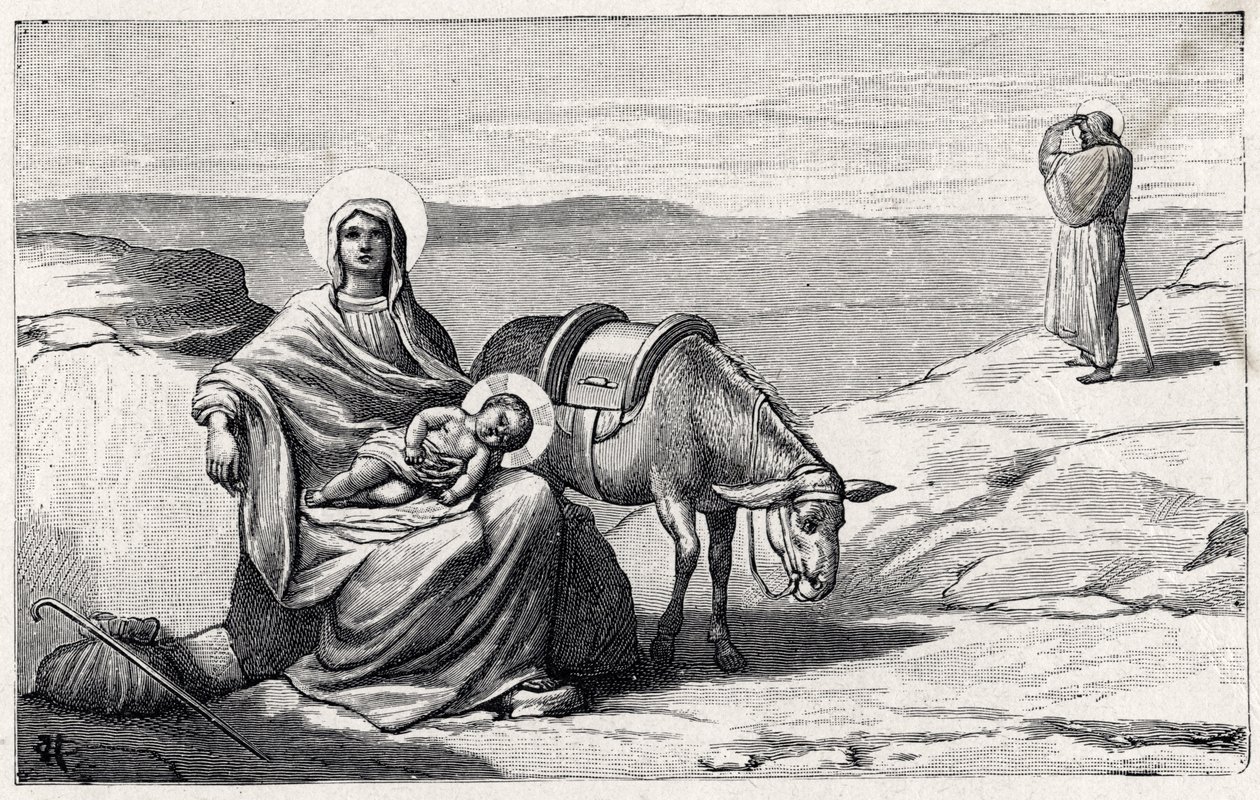 Hvil under flyveturen til Egypten. Jesusbarnets alfabet. Udgave 1932. Træskærerarbejde signeret H G. Privat samling af Unbekannt