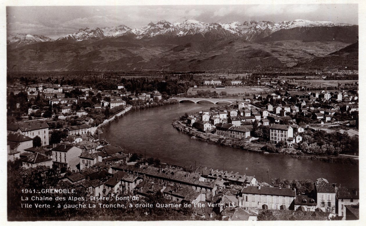 Rhone Alpes, Isere (38), Grenoble: Alpernes kæde, Isere, broen over Ile Verte, til venstre La Tronche, til højre bydelen Ile Verte - Postkort dateret 1930-1939 af William M. Timlin
